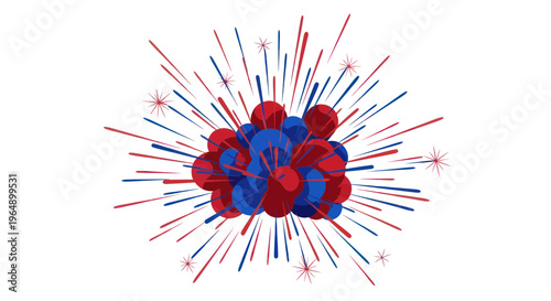 Red and Blue Balloons Bursting with Festive Fireworks Display