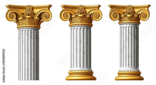 Three Ancient Greek Ionic Columns with Golden Capitals and White Shafts Isolated