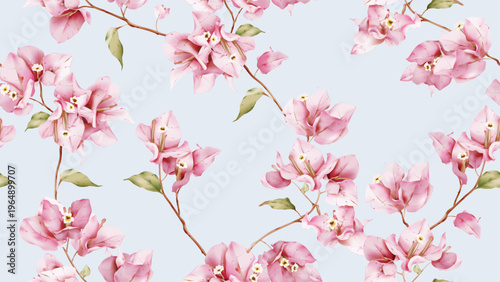 Floral seamless pattern featuring watercolor-style pink Bougainvillea flowers...