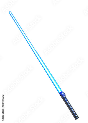 A lightsaber lies on a white surface with its blue blade shining brightly.