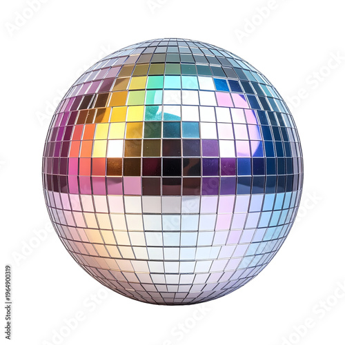 This iconic and glistening classic disco ball, a symbol of retro fun, reflects an array of vibrant multicolor lights from its many mirrored facets, perfect for any festive dance party celebration 