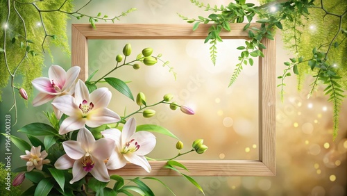 Serene Floral Arrangement Framed by Nature's Embrace, Showcasing Delicate Lilies and Lush Greenery Against a Soft, Golden Backdrop