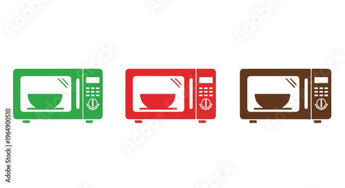 Colorful illustration of three microwaves in green, red, and brown, each with a bowl inside on a white background.