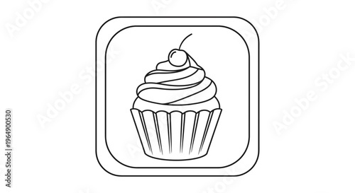 Simple Line Art Icon of a Cherry Cupcake with Swirl Frosting and Stem