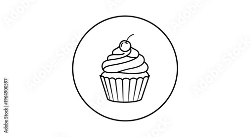 Simple line art icon of a cupcake with cherry on top in a circle