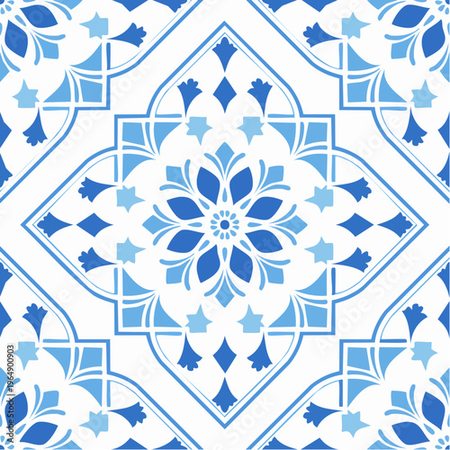 Blue ceramic tile inspired geometric floral pattern islamic background