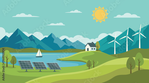 Sustainable green energy landscape with solar panels, wind turbines, house by lake, mountains, and sun in flat vector style