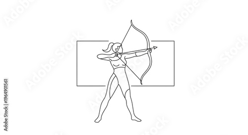 Archer Woman Silhouette Drawing, Archery Sport, Focused Athlete Aiming Bow and Arrow