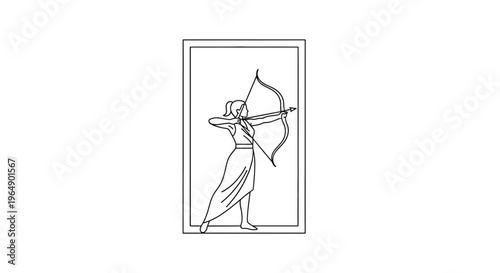 Archer Woman Silhouette Drawing, Archery Sport, Aiming Bow and Arrow, Focus, Determination