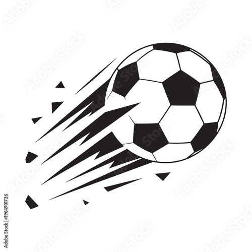 A dynamic black and white illustration depicts a soccer ball in motion with speed lines