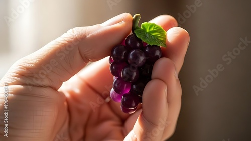 Hand Holding a Miniature Grapes Cluster, Close-Up capturing Fine Details