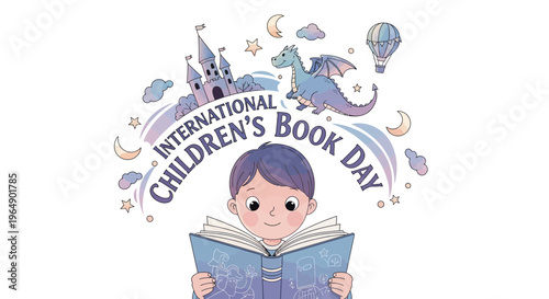Illustration of a child reading a book on International Children's Book Day with whimsical design elements.