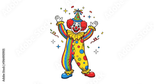 A colorful clown mascot with a joyful expression, wearing a rainbow jumpsuit and party hat, surrounded by festive stars and confetti on a white background, symbolizing April Fools' Day