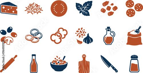 Collection of stylized cooking icons representing various pizza ingredients and essential kitchen tools clearly displayed.