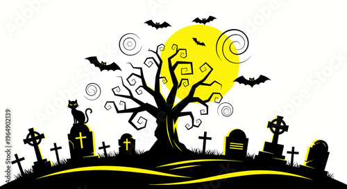 Halloween graveyard scene with spooky tree, black cat, bats, and full moon