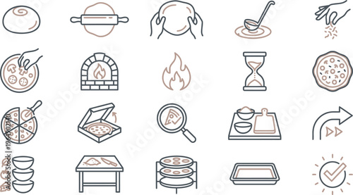 Collection of line art icons showing the entire pizza making process and delicious ingredients.