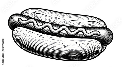 Hand-drawn illustration of a classic hot dog with mustard in a bun, vintage style