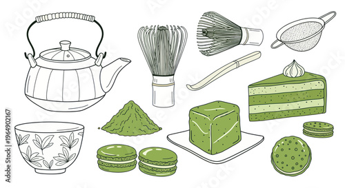 Matcha Tea Ceremony Set and Desserts - Hand-Drawn Illustration