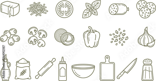Collection of minimalist line art icons representing various pizza ingredients and essential kitchen tools