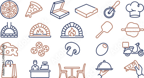 Collection of line art icons representing various pizza making tools, ingredients, and delivery services