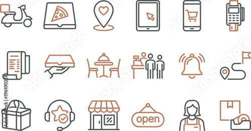 Collection of line icons representing various elements of online food ordering and delivery services.