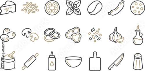 A collection of modern outline icons depicting various food ingredients and essential kitchen tools for cooking and baking.