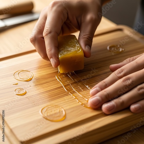 Hands applying natural wax to wooden cutting board, protection routine