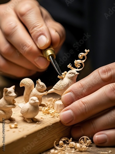 Hands delicately sculpting miniature wood figurines with precision tools