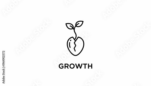 Seedling sprouting from a cracked seed, symbolizing growth and new beginnings, with the word GROWTH below.