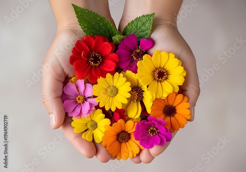Hands holding vibrant assortment of blooming zinnia flowers on soft background