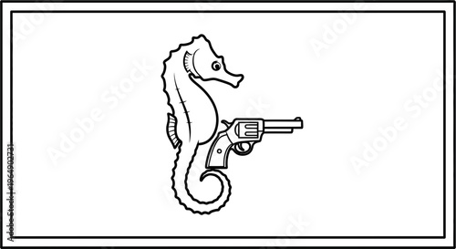 Seahorse Holding a Revolver Gun, Cartoon Style