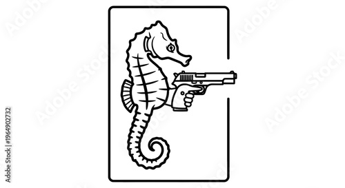 Seahorse Holding a Handgun, Marine Life, Ocean Creature, Funny Animal Illustration
