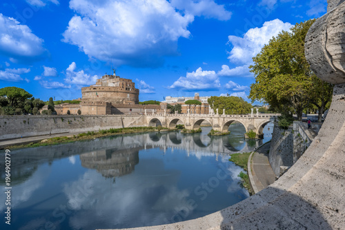 City of Rome, St. Angelo Bridge over the Tiber River, with Castel San Angelo, Italy