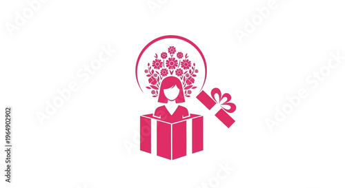 Woman with gift box and flowers.