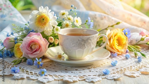 Aromatic Tea in Delicate Porcelain Cup Surrounded by a Bountiful Bouquet of Pastel Roses, Daisies, and Forget-Me-Nots, Resting on an Elegant Lace Doily
