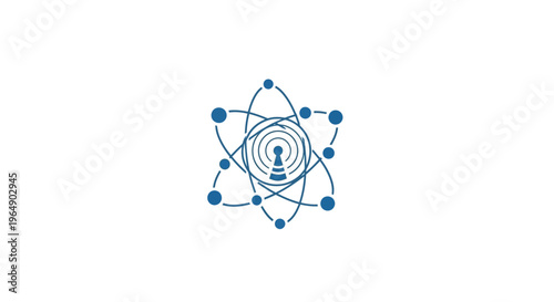Blue atom symbol with keyhole center.