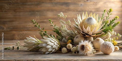 Elegant Still Life Featuring Delicate Cream-Colored Flowers and Natural Elements on Rustic Wooden Surface