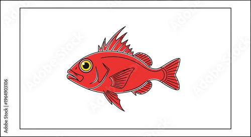 Vibrant red cartoon fish with prominent yellow eyes swimming across a clean white background