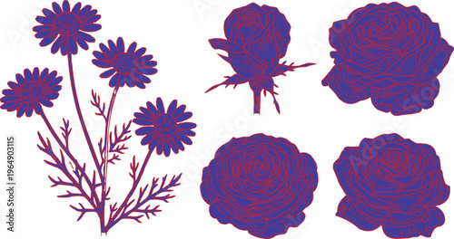 A vector illustration of a set of pink ink blots and splashes forming a seamless floral nature pattern with vintage rose ornaments and heart shapes for a decorative summer blossom wallpaper design