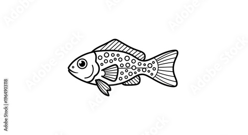 Charming monochrome aquatic illustration of a dotted fish with playful fins and tail