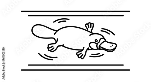 Cute cartoon platypus swimming vector art illustration in simple black and white style