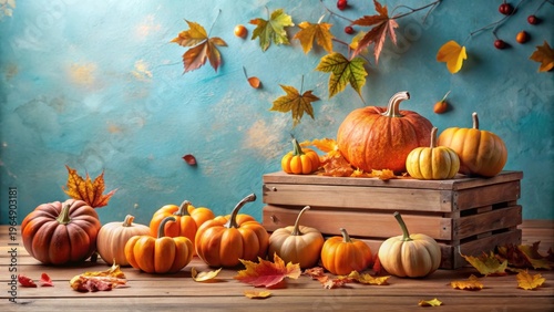Autumnal Harvest Abundance A Rustic Wooden Crate Overflowing with Colorful Pumpkins and Vibrant Fall Foliage on a Weathered Wooden Surface
