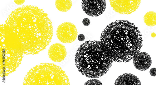 Abstract spheres, yellow and black, on white background, digital art, science, microscopic view