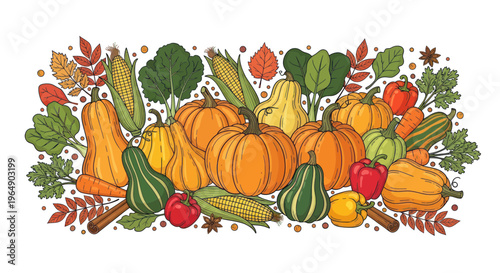 Autumn Harvest Vegetable Assortment: Pumpkins, Corn, Squash, Peppers, Greens