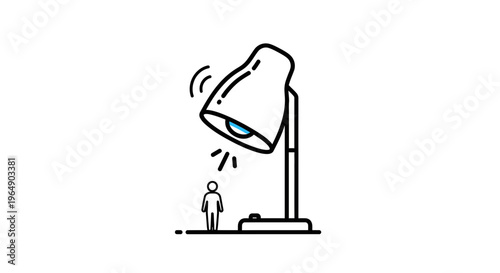 An iconic desk lamp illuminates a minuscule individual, symbolizing intense focus or scrutiny