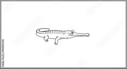 A stylized line art illustration of a gharial, showcasing its unique long snout in black and white