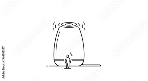 Human figure engaging with a futuristic interactive audio device emitting sound waves and signals