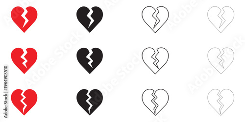 Broken heart with jagged crack icon vector set, heart valentine symbol vector, silhouette and line art illusration