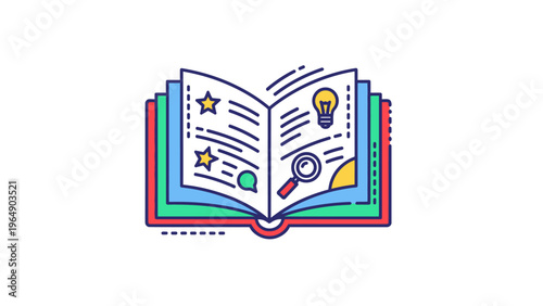 Colorful Cartoon Open Book with Icons.