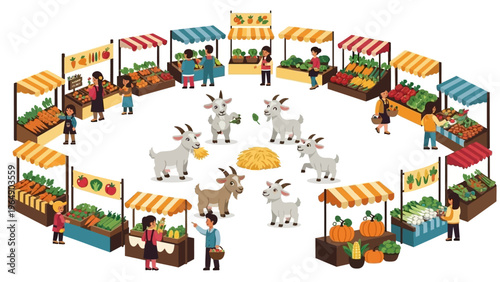 Vibrant Farmers Market Scene with Goats.